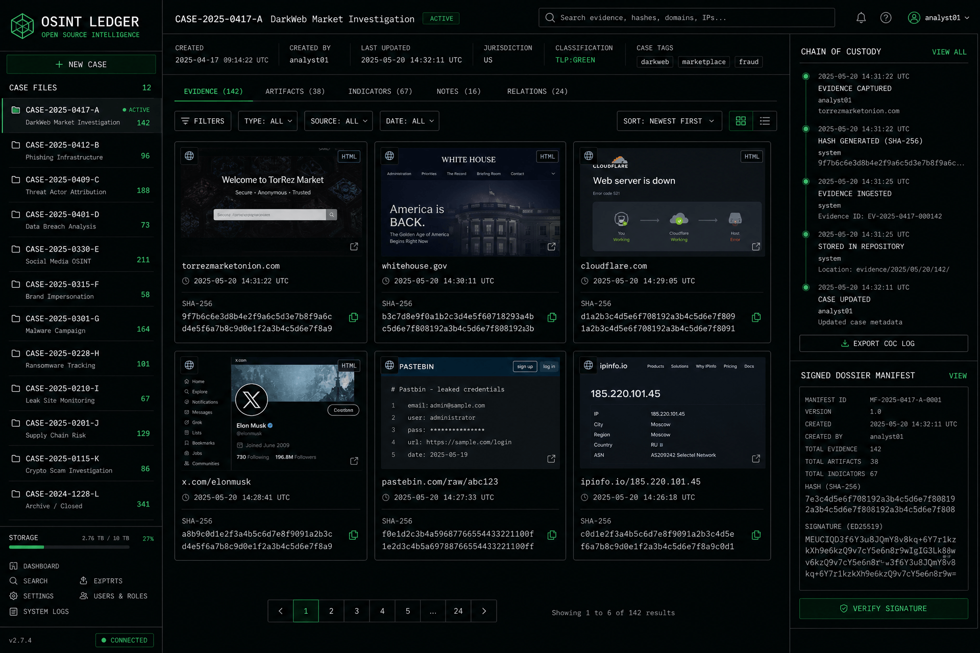 OSINT Ledger case workspace showing captured pages, SHA-256 hashes, and signed dossier manifest